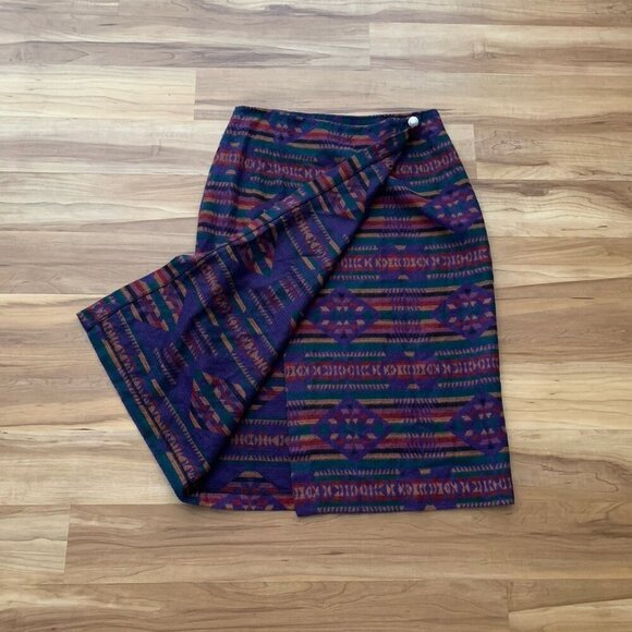 Vintage Aztec Tribal Midi Wrap Skirt Wool Blend Large Blanket Skirt Western - Picture 7 of 12